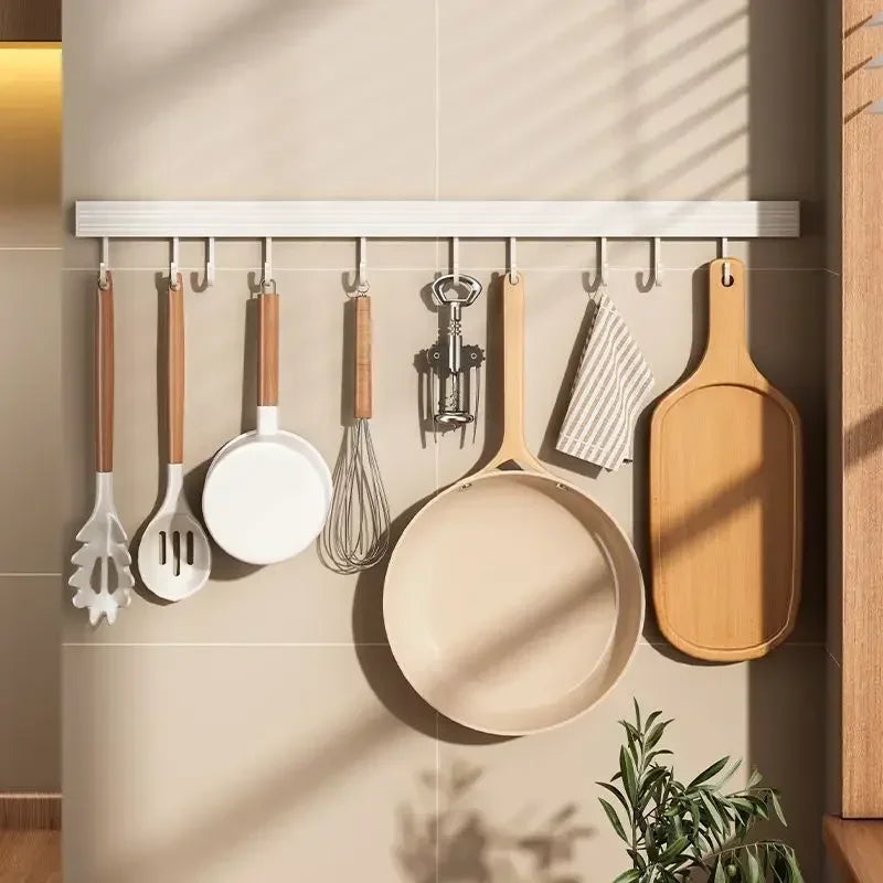 Kitchen Storage Rack Wall Mounted No Punch Shelves Movable Hook Spoon Holder Organizer For Kitchen Utensil Accessories Tool