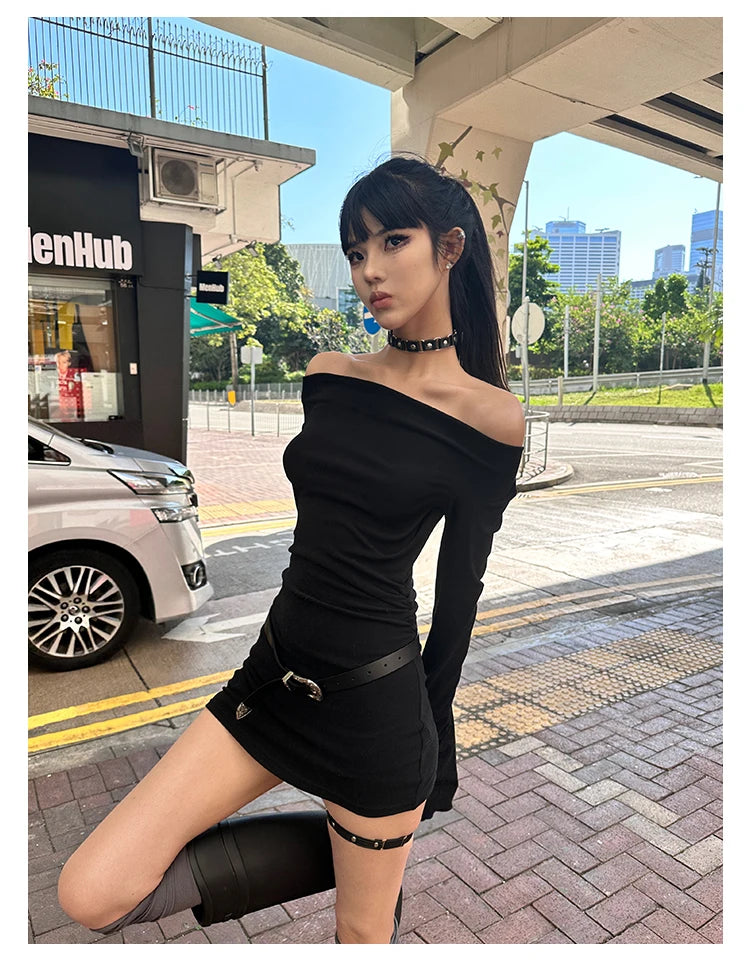 Seeslim Black Slim Sexy Mini Dress Women Long Sleeve Autumn Off Shoulder Korean Fashion 2000s Y2k Clothes Party Dresses Chic