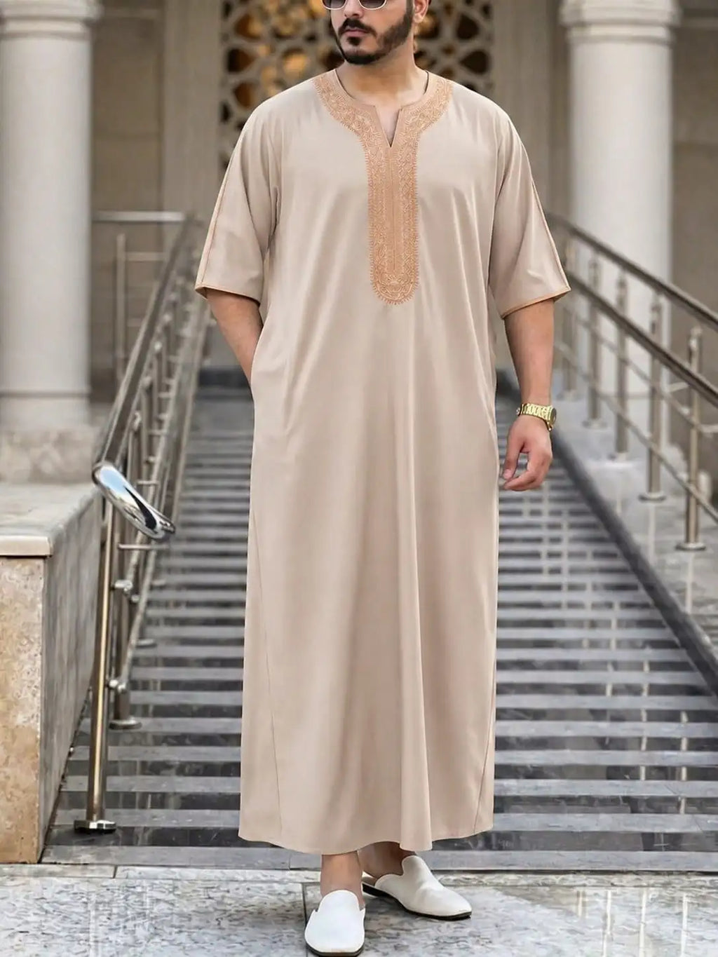 Apricthobe Middle Eastern men's side-pocket robe and jubba Thawb men's plus-size Muslim casual embroidered Arab robe