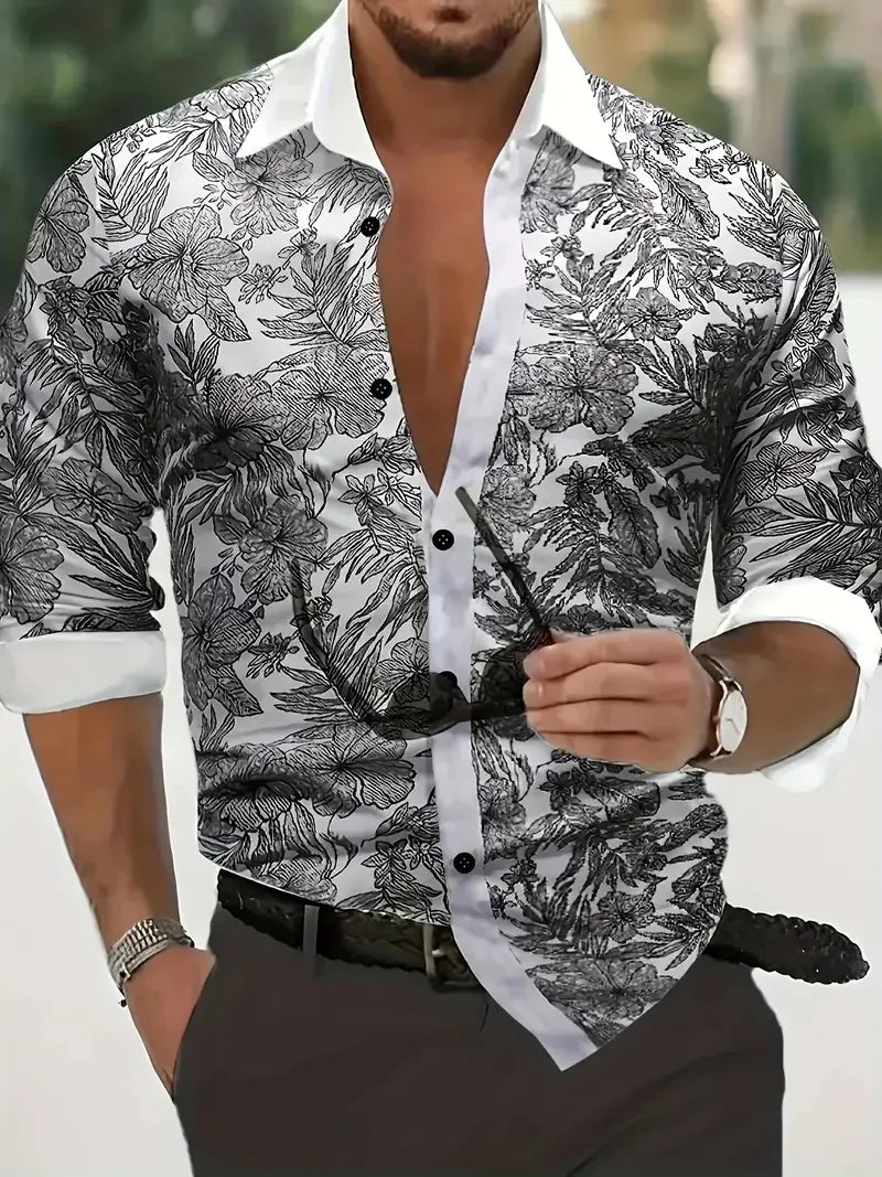 Hawaiian Men's Long Sleeve Shirt Folding Shirt Striped Pattern Digital Flower Print Fashion Casual Party Street