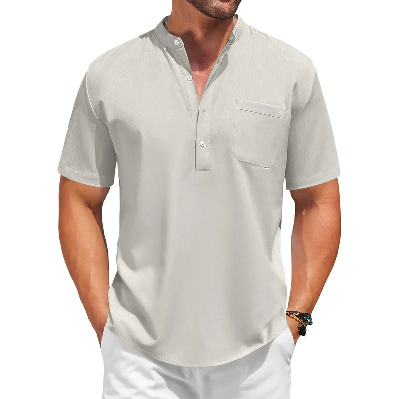Mens Casual Henley Shirt Summer Short Sleeve Band Collar Cotton Tops Beach Hippie  Tee with Pockets Outdoor Streetwear for Men