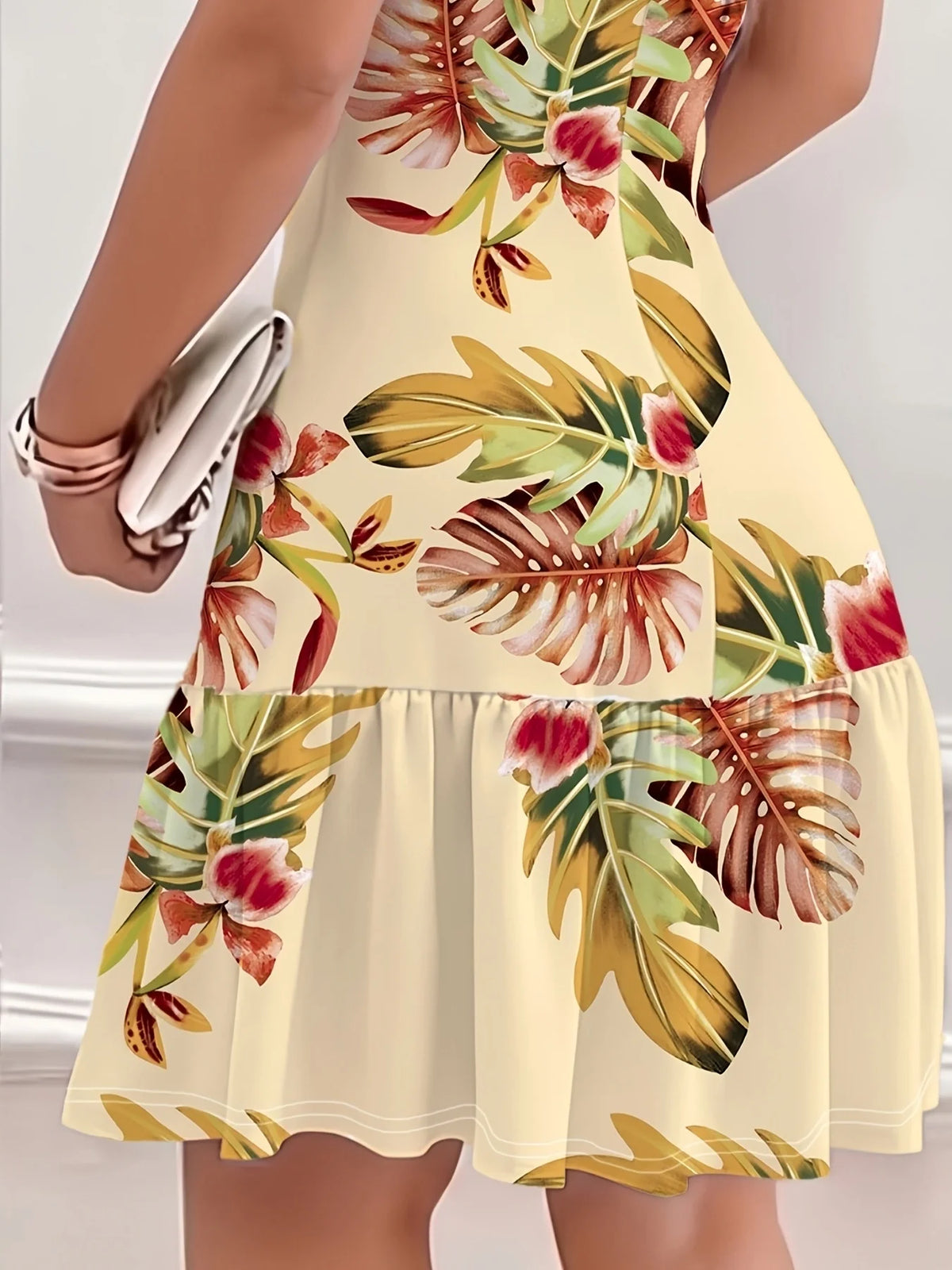 Summer Bohemian Style Loose Tropical Print Round Neck Short Sleeve Dress Comfortable Holiday Dress