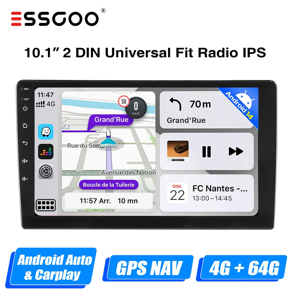 ESSGOO 7"/9"/10“ 2 DIN Android 14 4+64G Car Stereo Carplay Android Auto GPS SAT Navi Bluetooth FM RDS Radio WIFI Touchscreen