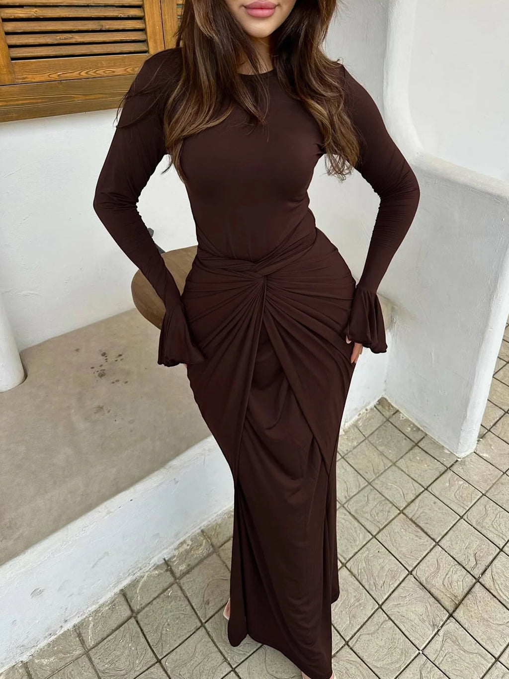 Dulzura O-Neck Long Flare Sleeve Ruched Lace Up Slim Long Dress Women'S Fashion Elegant Clothes Party Club Street Autumn Outfit