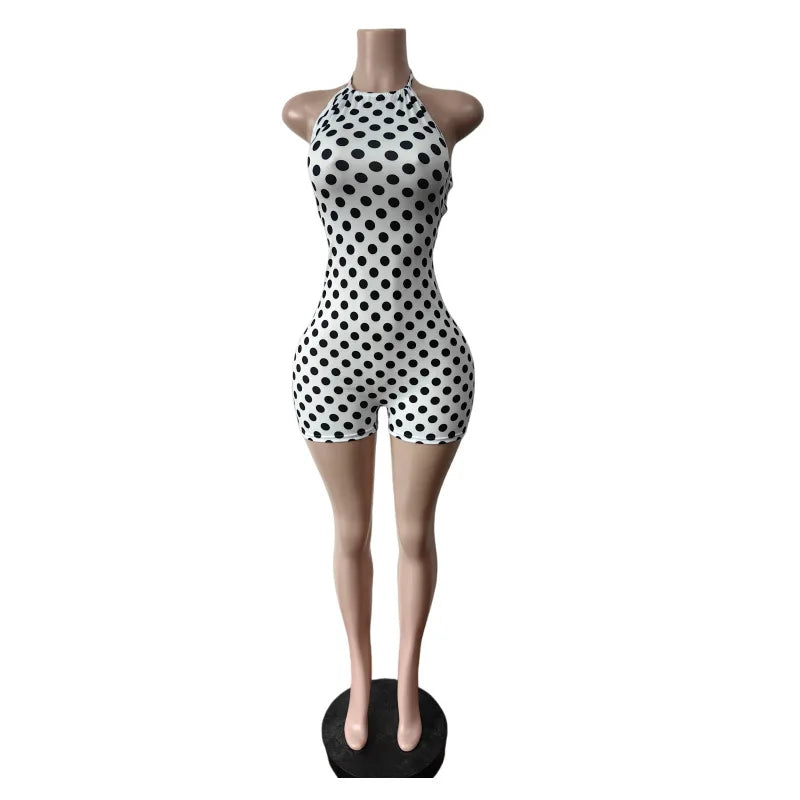 Retro Polka Dot Print Patchwork Bodycon Romper Women Halter Neck Backless Short Jumpsuit New 2026 Female Streetwear Sexy Overall