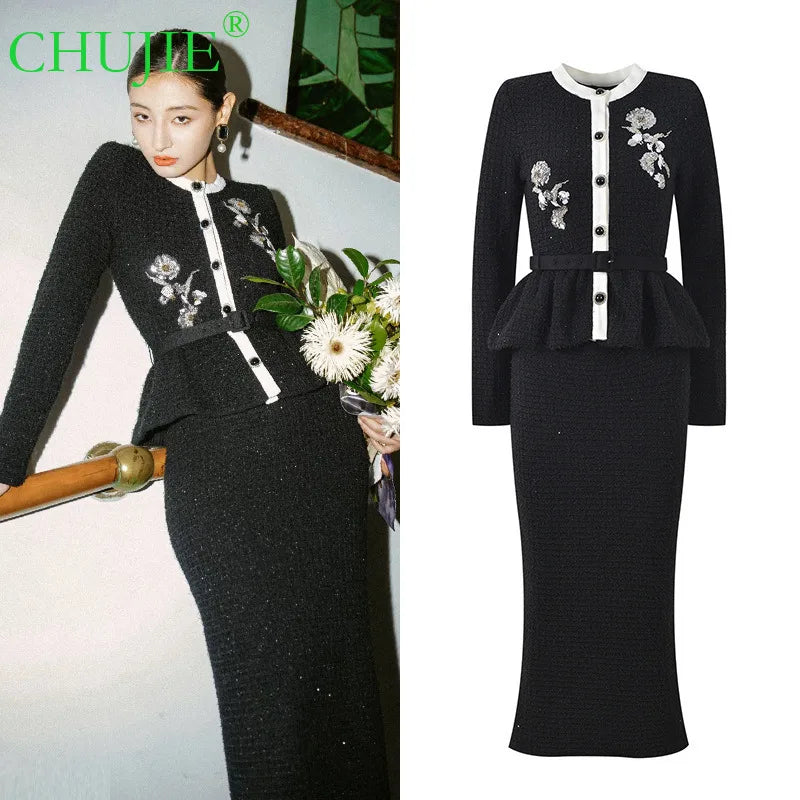 CHUJIE 2025 Autumn/winter New Fake Two-piece Design, Long-sleeved Round-neck, Floral Embroidery, Ruffle Decoration Knitted Dress