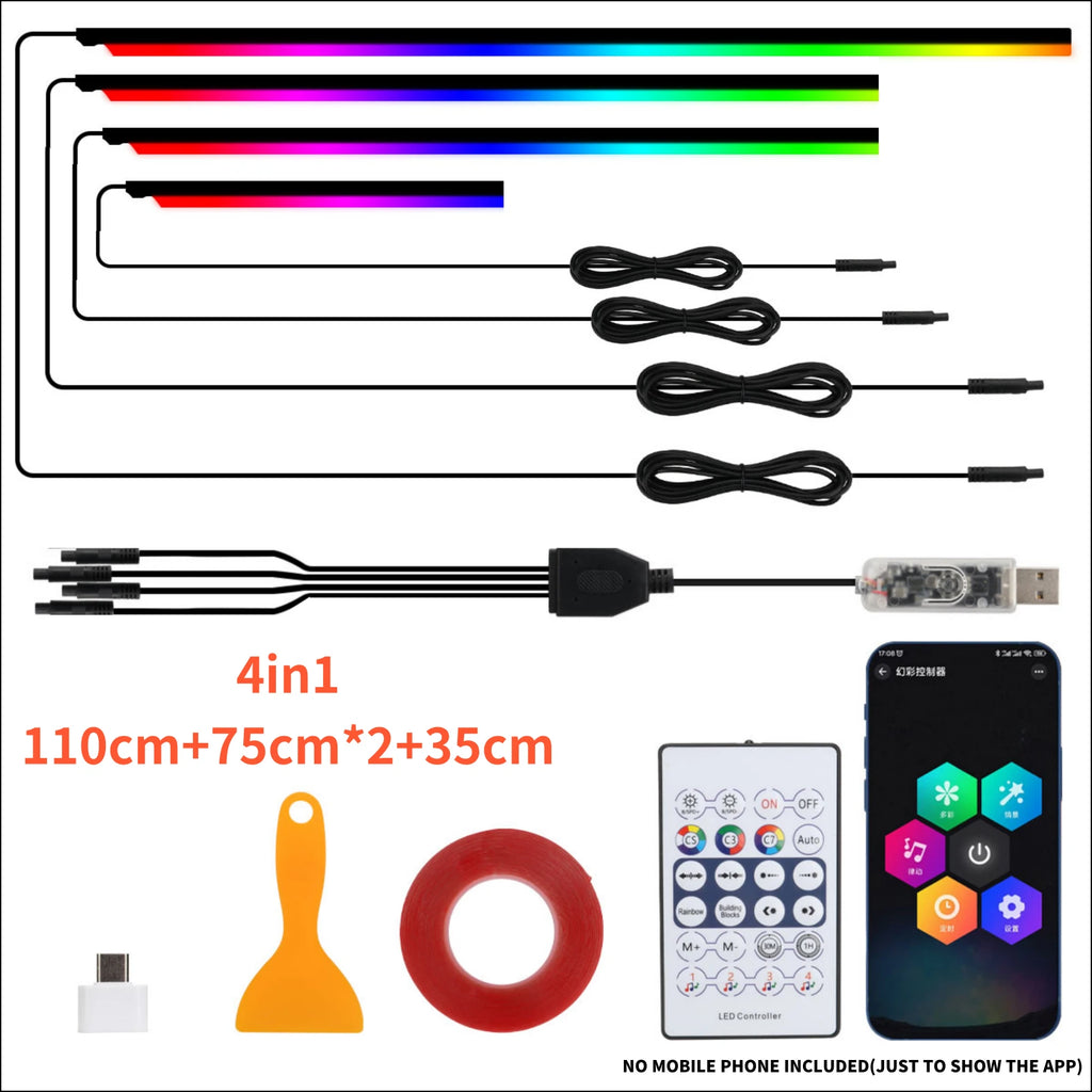10 in 1 Car LED Acrylic Light Strip RGB Symphony Auto Interior Strip Lights Remote/APP Control Decorative Atmosphere Lamp