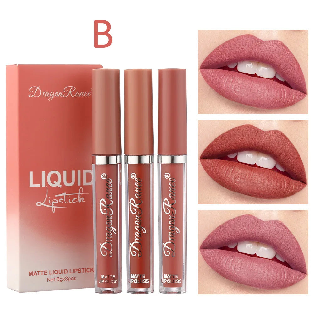 3PCS/Sets Velvet Matte Lip Gloss Lasting Waterproof Nude Sexy Red Liquid Lipstick Moisturizing Lip Stain Tint Cosmetic For Women