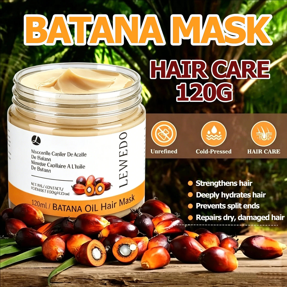 Batana Hair Oil 120g Pure Organic Hair Mask Batana Conditioner No-Rinse Repairs Split Ends Breakage Nourish Hair Root Hair Care