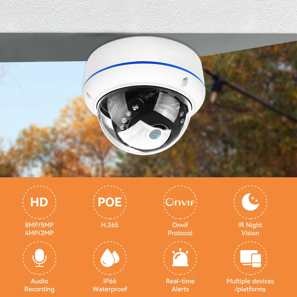 4K 8MP Ultra HD IP Camera Vandal-proof Waterproof Outdoor Dome Camera Nightvision nternal Audio Remote Access Xmeye Cloud H.265
