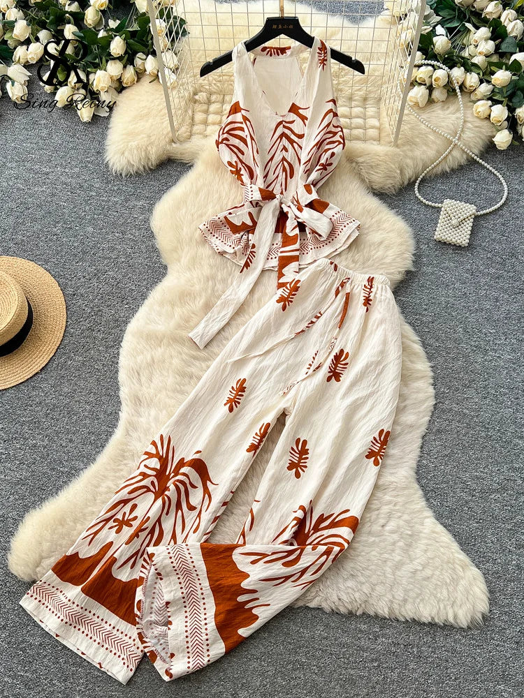 SINGREINY Boho Print Vacation Suits Summer 2026 Sleeveless Lace Up Tank Top+Loose Wide Leg Pant Chic Lazy Casual Women 2pcs Sets