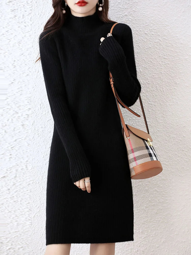 Fashion Cashmere Sweater Womens Knitted Dresses 100% Merino Wool Turtleneck Elegant Dress Autumn Winter Long Sleeve Short Skirts