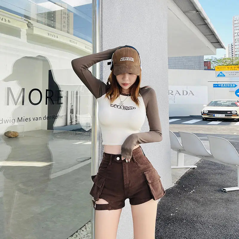 High Waisted Cargo Shorts Khaki Chic Pockets Jeans Shorts Sexy Girl Summer Clothes for Women Denim Shorts Harajuku