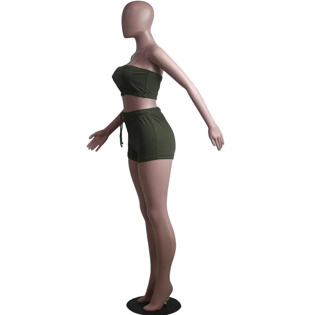 Thin Summer New Solid Color Lace Up Tracksuits Women Sleeveless Backless Tube And Shorts Two Piece Sets Casual 2pcs Outfits
