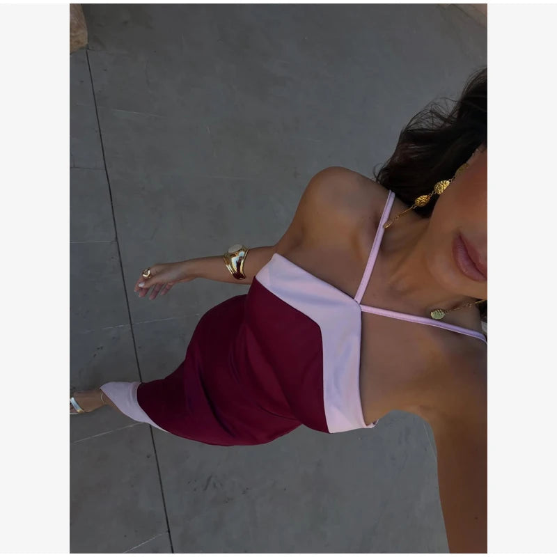  Women Sexy Color Blocking Halter Maxi Dresses Elegant Backless Off shoulder Sleeveless Slim Gowns 2026 New Lady Party Vestidos
