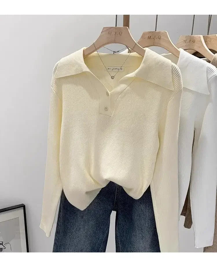 Polo Collar Knit Sweater Women Pullovers Casual Button Front Long Sleeve Rib-knit Jumper Chic Knitwear Trend Autumn Winter Tops