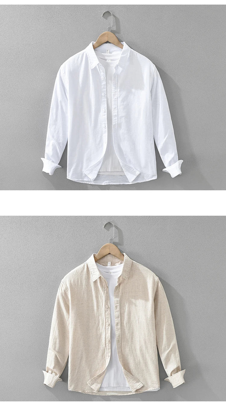 7369 Cotton Linen White Shirt for Men Good Quality Solid Color Simple Basic Long Sleeve Loose Casual Lapel Blouse Breathable Top