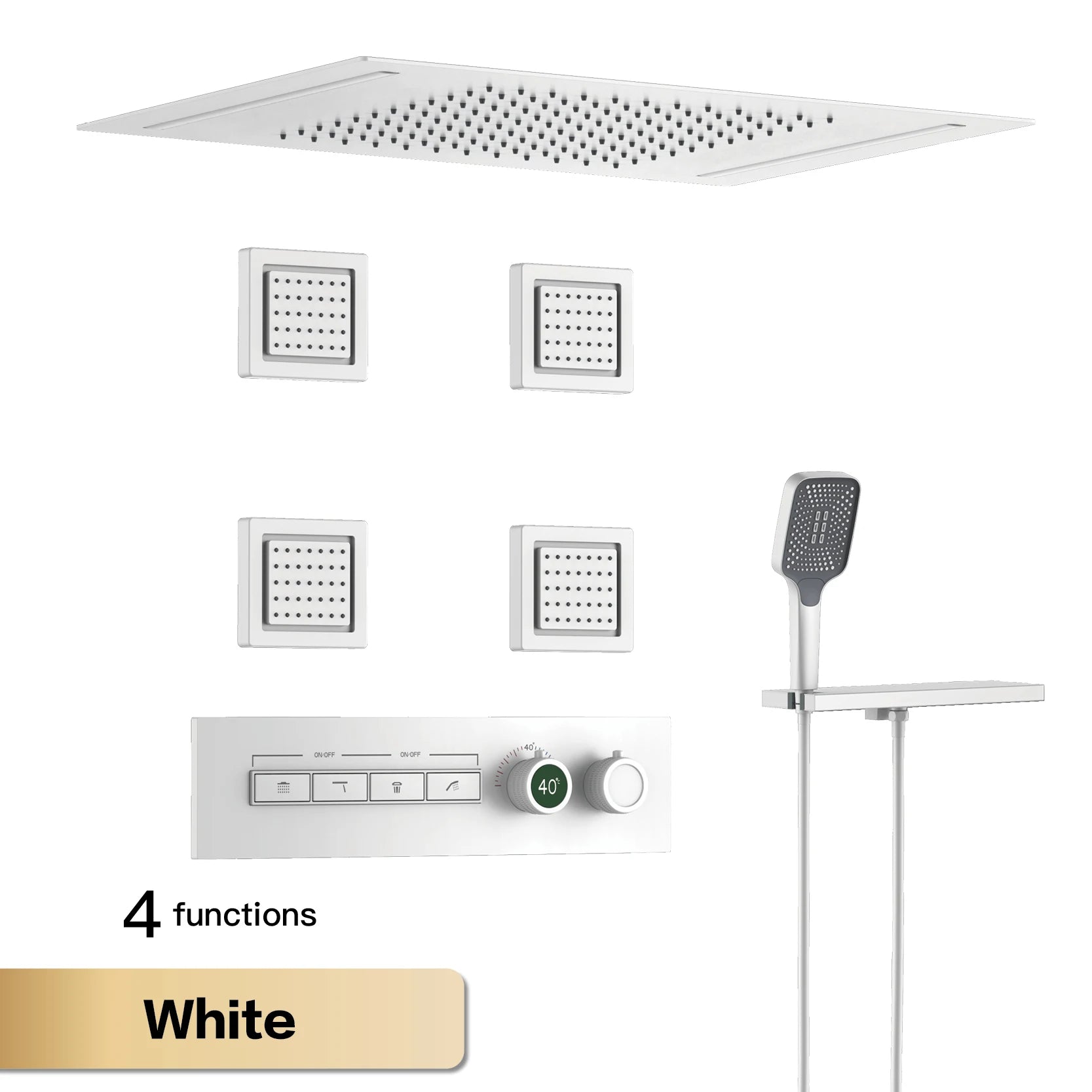 Luxury Gun Grey Brass Thermostatic Shower System Ceiling-Embedded Rainfall&Waterfall Outlet with LED Display Bathroom Mixer Tap