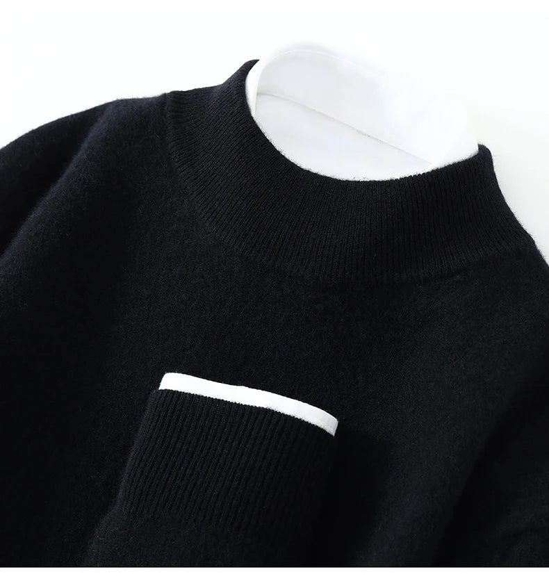 Autumn/Winter Men's 100% Pure Cashmere Pullover Business Casual Solid Knitted Sweater Loose Half High Neck Tops Thick Jumper