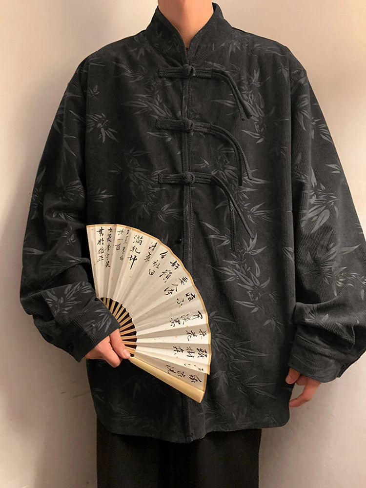 Autumn Retro Single-breast Button Long Sleeve Shirts For Men Graphic Printed Harajuku Corduroy Shirt Y2K Streetwear Tshirts