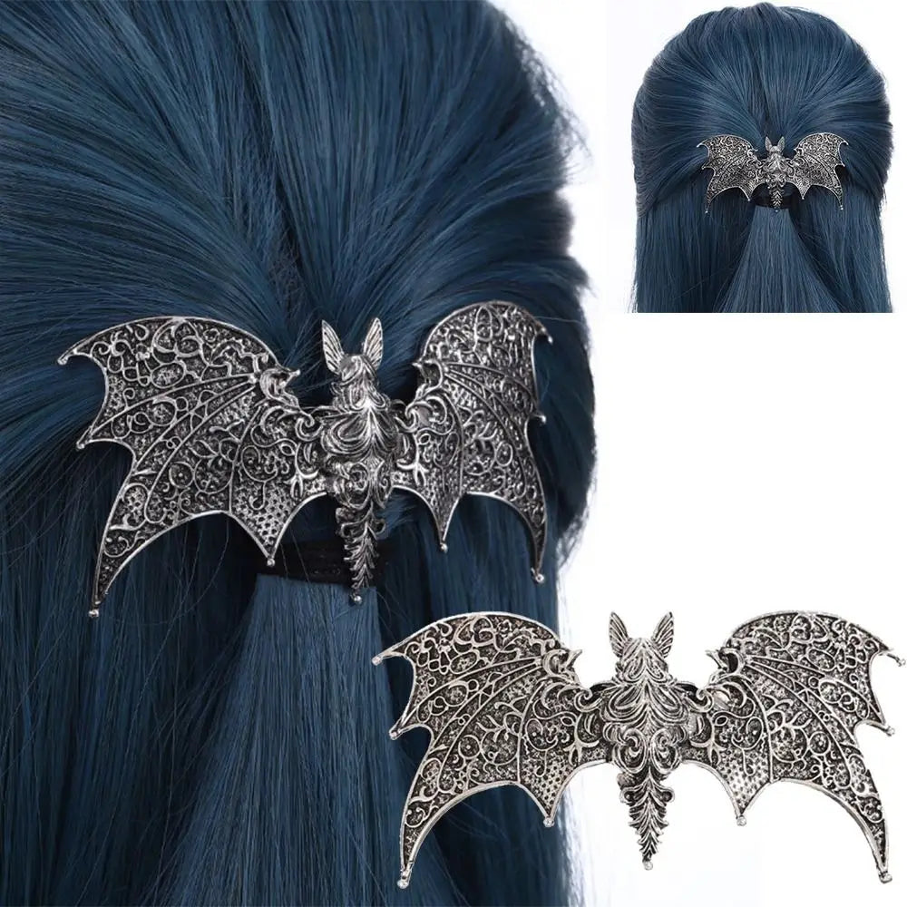 New Alloy Bat Hair Clip Vintage Bat Shape Gothic Hair Barrette Silver Hollow Pattern Viking Retro Hairpin Cosplay