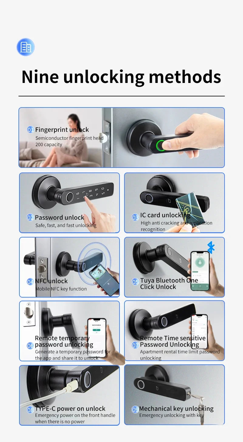 Work with Tuya App Bluetooth Smart Fingerprint Door Lock Password Mechanical Key NFC Unlocking For Wooden Door Handle Lock IP65