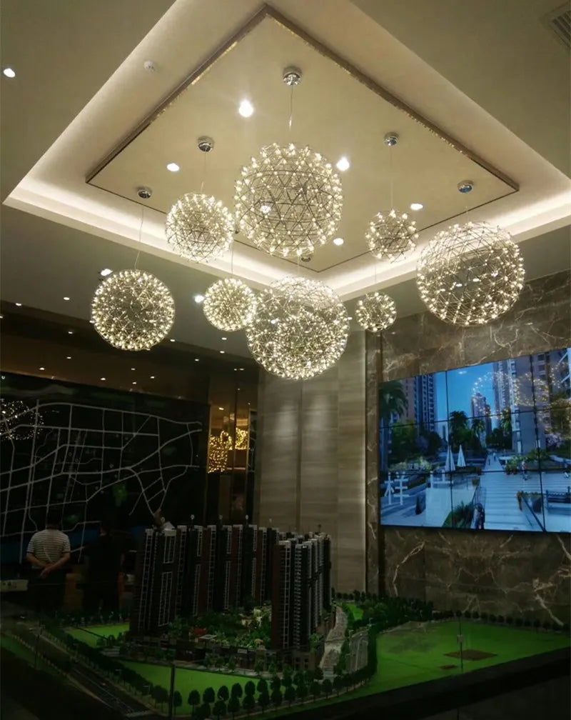 Modern Stainless Steel Spark Ball LED Pendant Light Dimmable Firework Dandelion Chandelier Loft Bar Bedroom Living Room Decor
