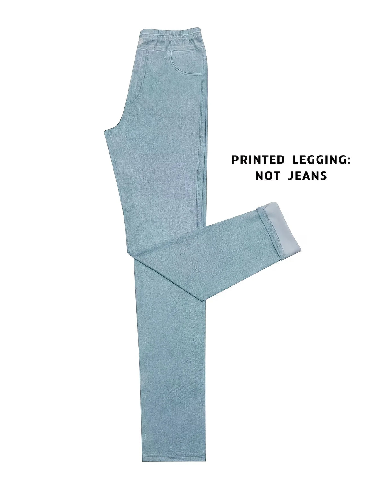 Printed Legging‑Not Denim Fabric All‑over Faux‑Denim Printed Long Pants with Faux Pocket and Button Print Details. New‑Arrival
