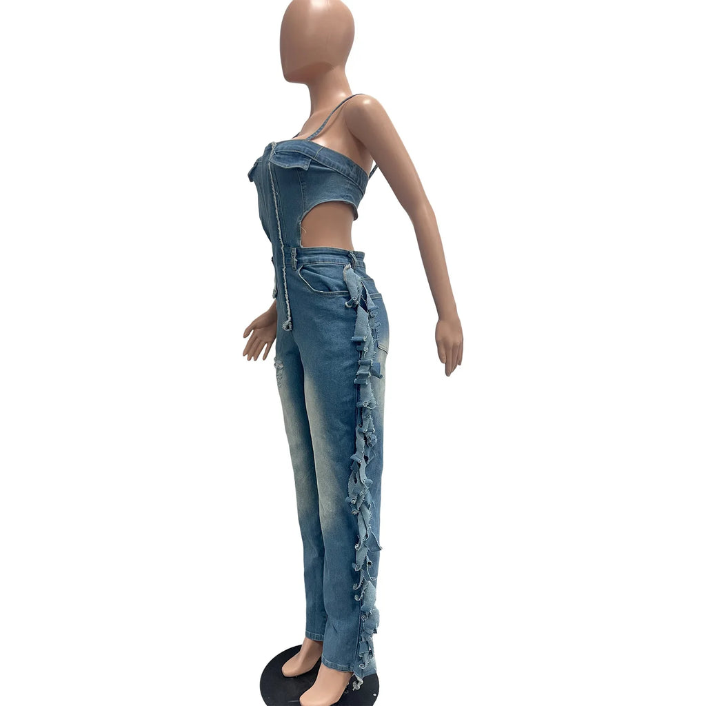 FAGADOER Fashion Hollow-out Bodycon Denim Jumpsuit Women Spaghetti Strap Tassel Patchwork Rompers Female Streetwear Overalls New