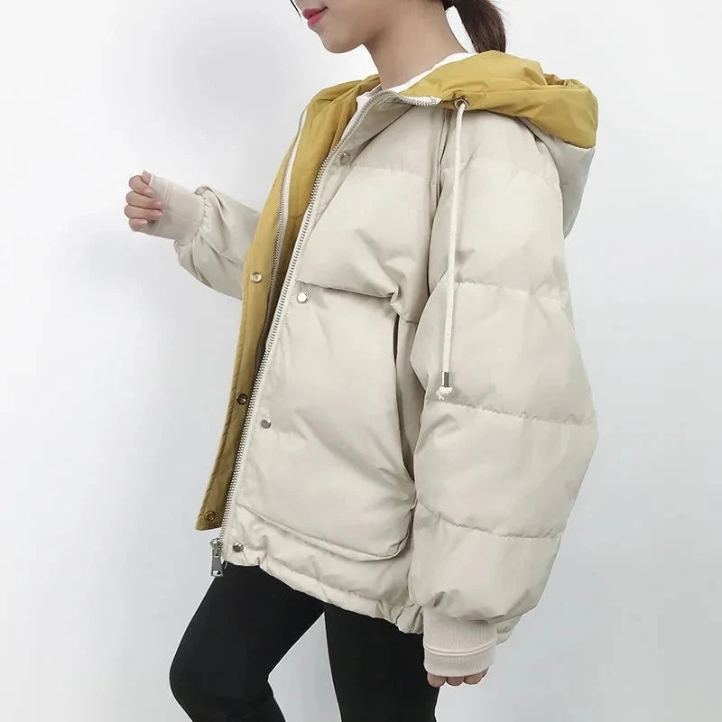 2024 Winter Korean Warm Female Puffer Coat Pocket Solid Parkas Padding Long Sleeve Thick New in Outerwears Hooded Women's Jacket