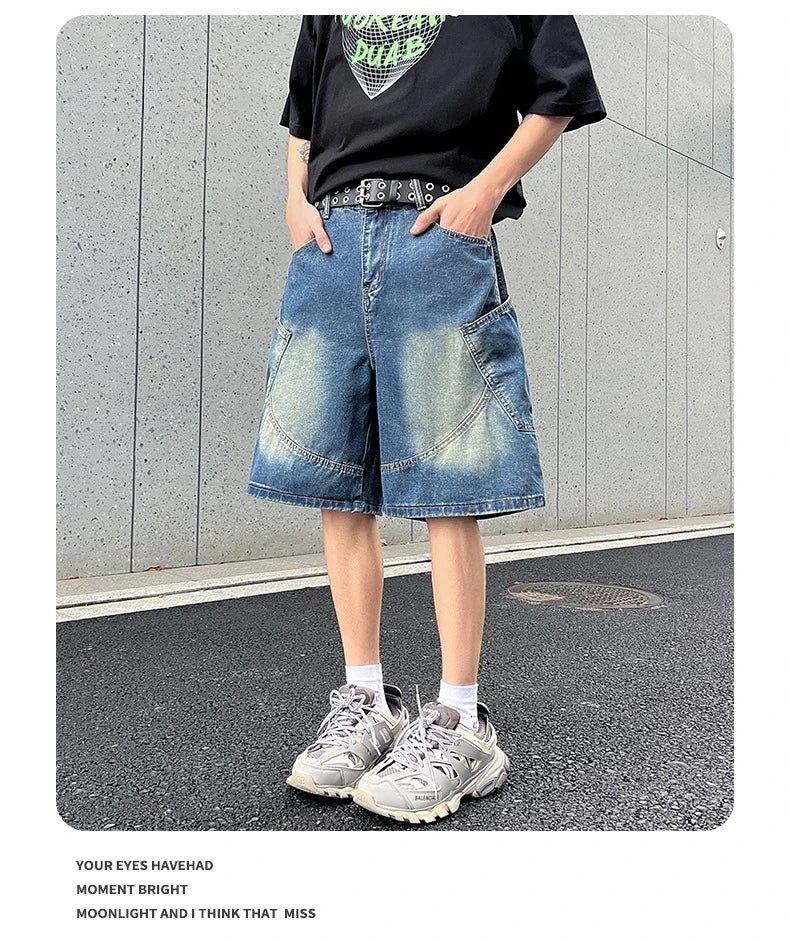 2026 Summer New Baggy Denim Shorts Fashion Casual Straight Harajuku Jeans Male Vintage Wash Drawstring Short Pants Streetwear