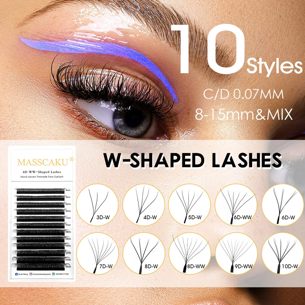 10cases/lot MASSCAKU 3D 4D 5D 6D 7D 8D W Shape Bloom Premade Fans Eyelash Extension Natural Soft Light Full Dense W Shape Lash