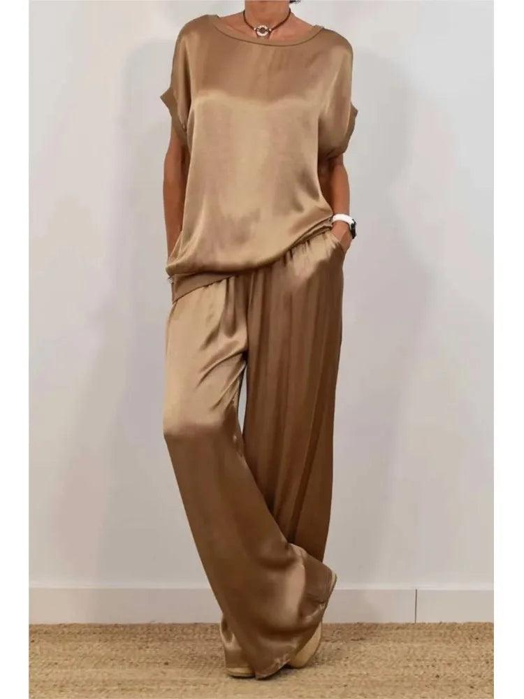 Spring Summer Fashion Solid Smooth Satin Two Piece Sets New Women's O-neck Short Sleeve Top + Wide Leg Pant Casual Loose Set