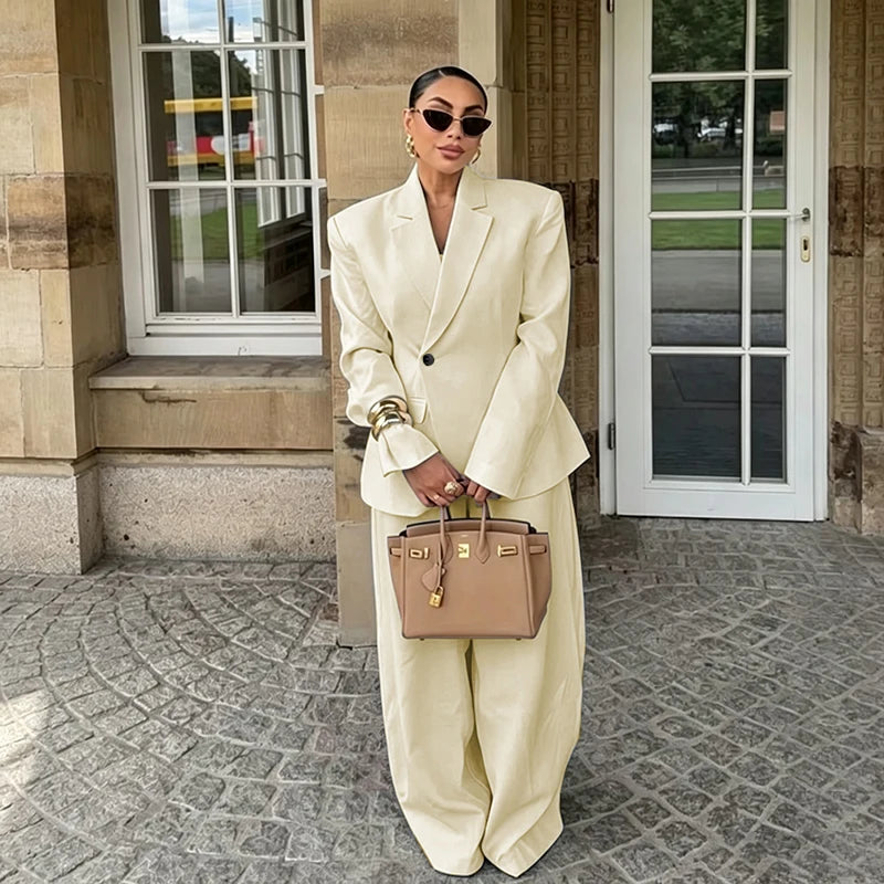 Chic White Wide-leg Pant Single Breasted Women Pants Set New Female Two Pieces(Blazer+Trousers) Conjuntos Femininos Elegantes