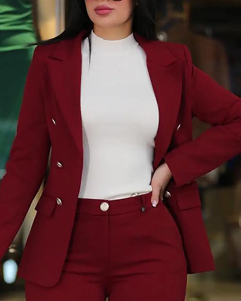 2Pcs Women's Solid Color Suit + Trousers Two-Piece Set Slim Fit Business Fashion Double Breasted Formal Female Clothes Outfit