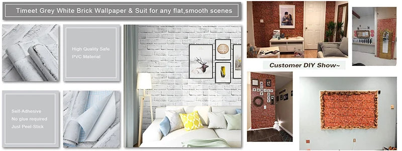Brick Wallpaper Peel and Stick Self-Adhesive Wall Paper Grey Brick Contact Pape for Bedroom Living Room Decoration DIY Stickers