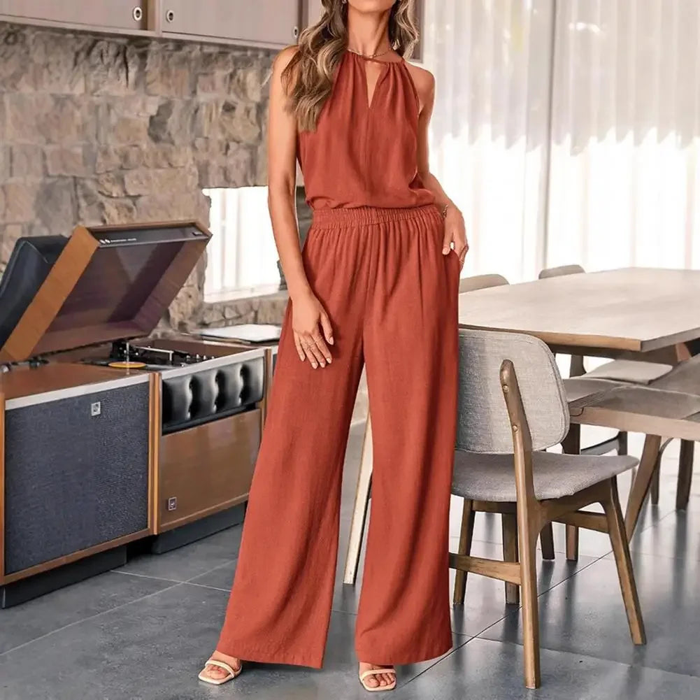 Summer Fashion Retro 2 Piece Set for Women Casual Solid Color Sleeveless Off Shoulder V Neck Top Straight Wide Leg Pants Suits