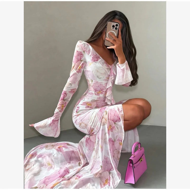 Women Pink Floral Print Maxi Dress Elegant V Neck Ruffle Trim Flare Sleeve Ruched High Chiffon Dresses 2026 Lady Party Vestido