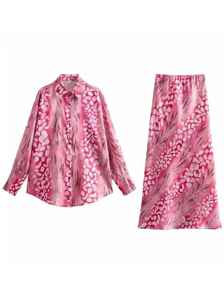 HH 2025 Spring Women Fashion 2 Piec Suits Satin Lapel Loose Woman Shirt Top + Vintage Folds Holiday Style Female Skirt