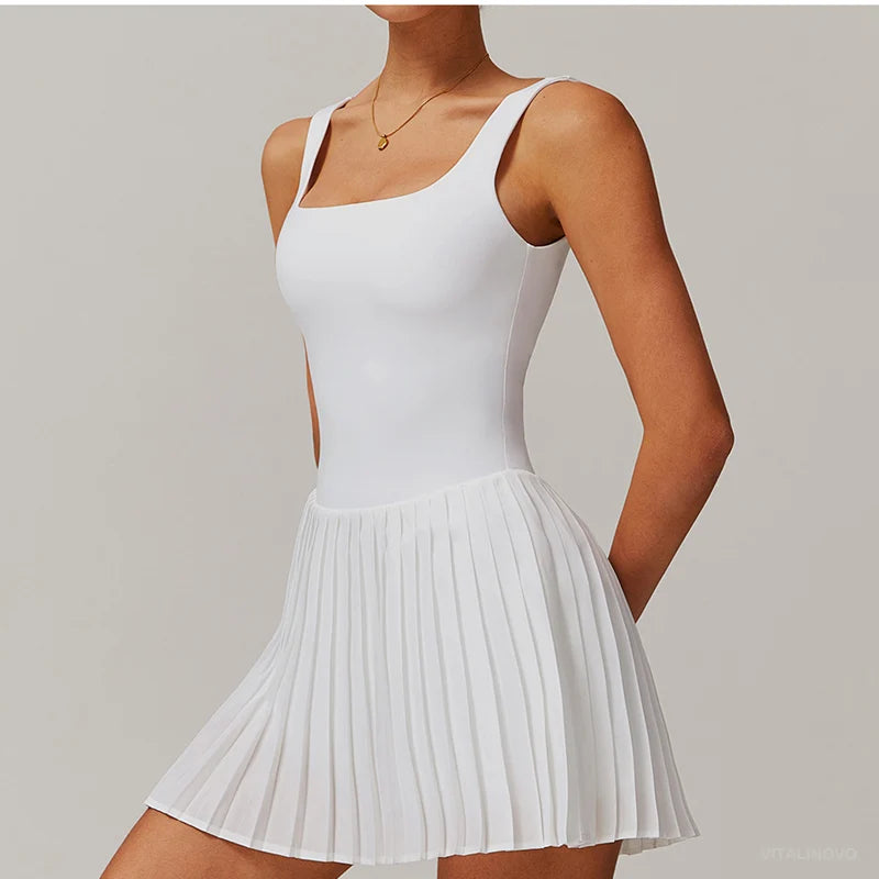VITALINOVO Workout Tennis Dress with Built in Shorts Square Neck Padded Workout Dress with Pockets Golf Athletic Mini Dresses