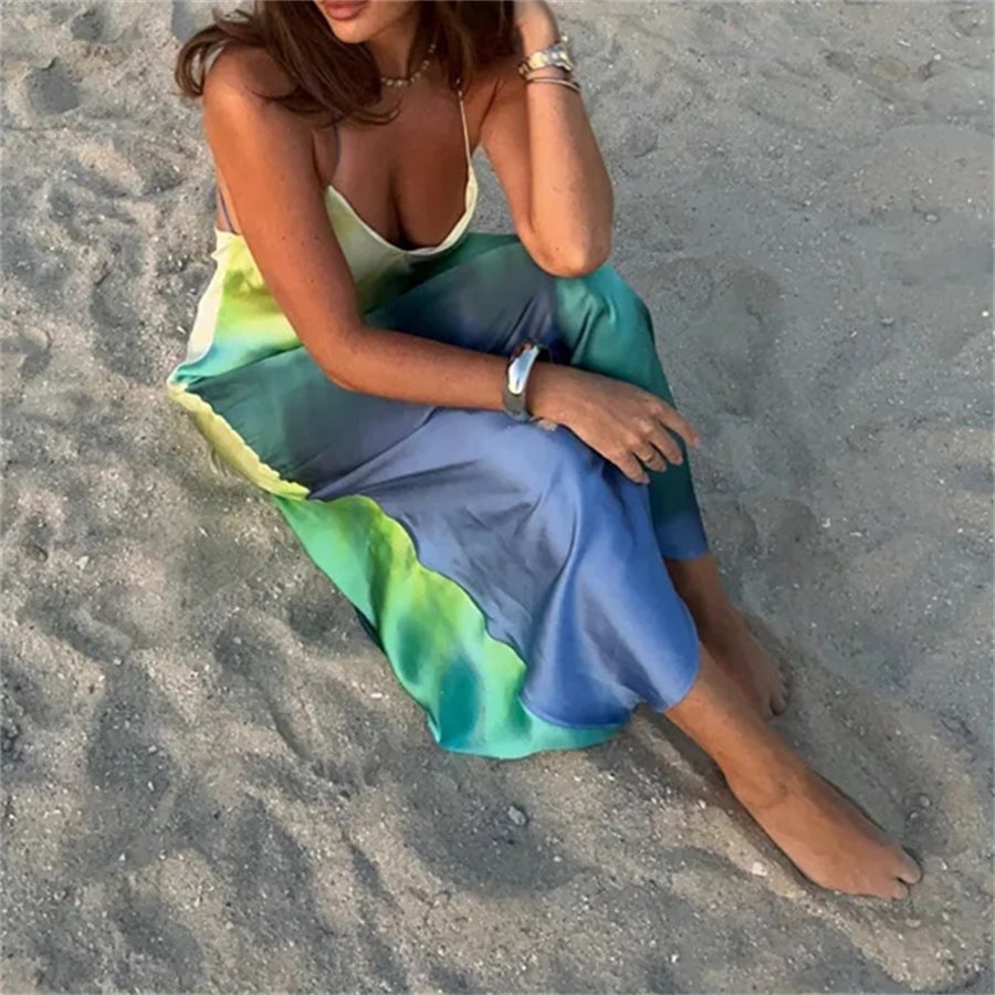 Puloru Gradient Color Summer Cami Long Dress Sexy Backless Cross Spaghetti Strap V-Neck Wrap Party Dress for Beach Nightclub