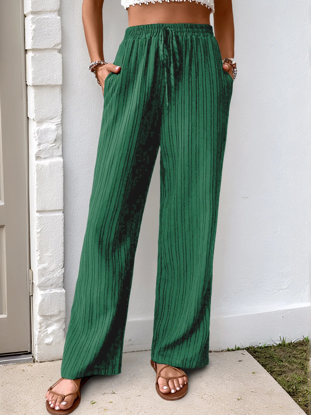 Womens High Waist Pleated Wide Leg Pants Simple Versatile Loose Casual Trousers