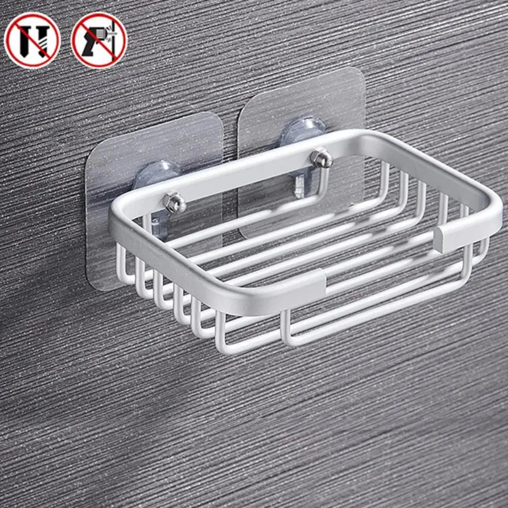 Drill Free Wall-mounted Soap Holder Sponge Dish Holder No Drilling Aluminum Adhesive Soap Dish Holder Rack Metal Soap Holder