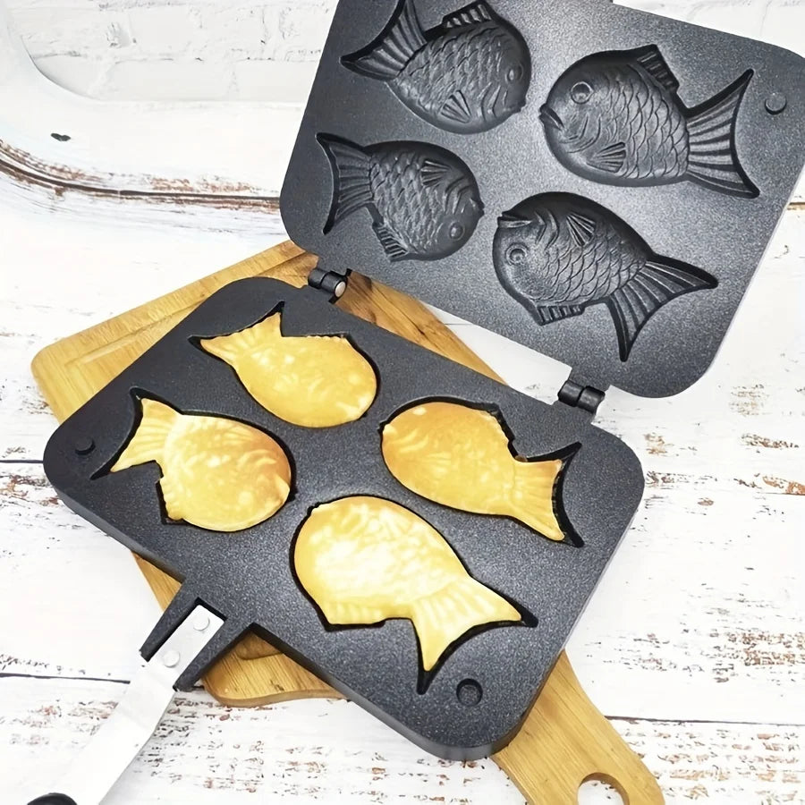 Taiyaki Fish Shape Waffle Maker Aluminum Alloy Double-Sided Uncoated 6-Cavity Mold Pan for Snacks Cakes Non-Stick Surface