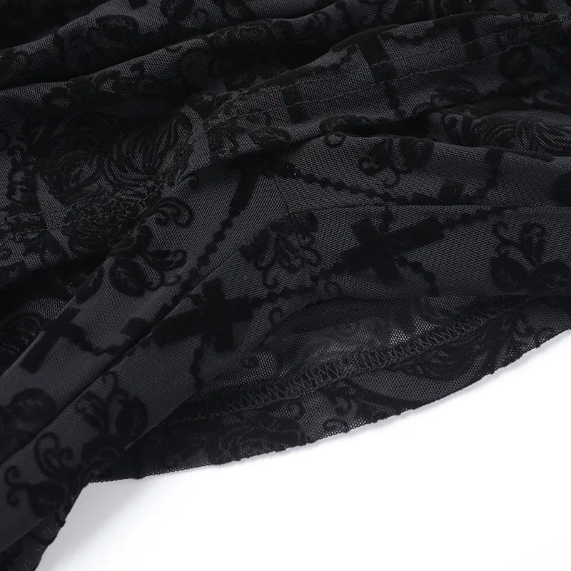 AltGoth Gothic Dark Flocking Pants Women Streetwear Aesthetic Emo Alt Grunge See Through Lace-up High Waist Flare Pants Female