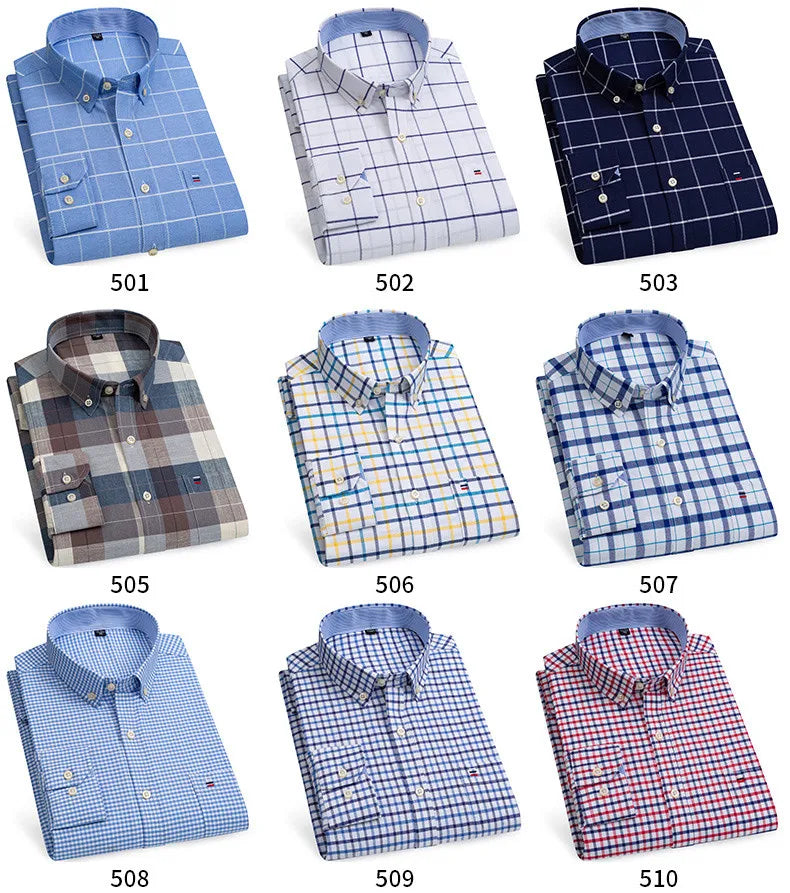 2025 Men's Social Shirt Pure Cotton Oxford Luxury Brand Thin Soft Buttoned Plaid Formal Work Western Clothing