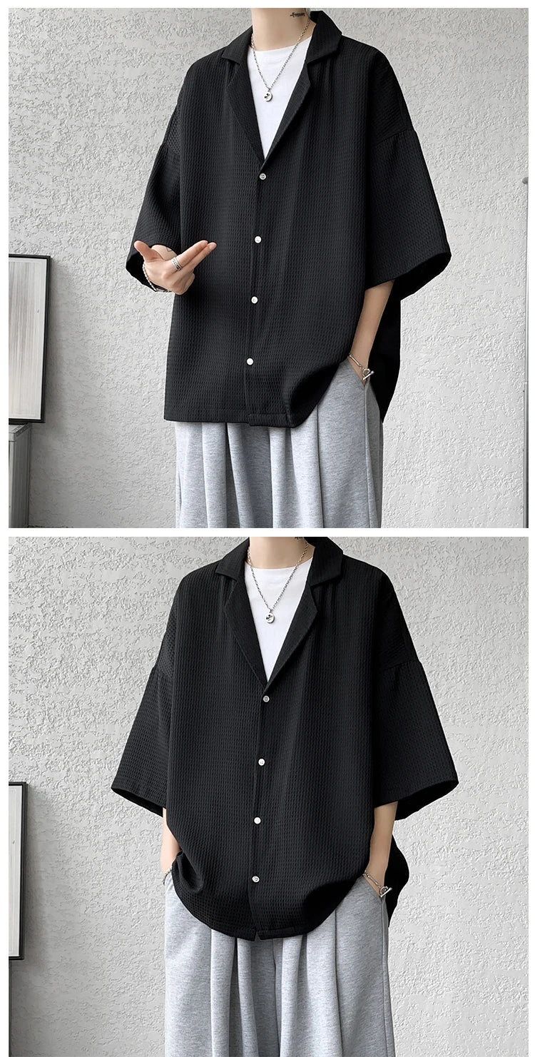 LEGIBLE Spring Summer Solid Shirts Men Casual Oversized Three Quarter Shirts Male Loose Fit Shirt for Man