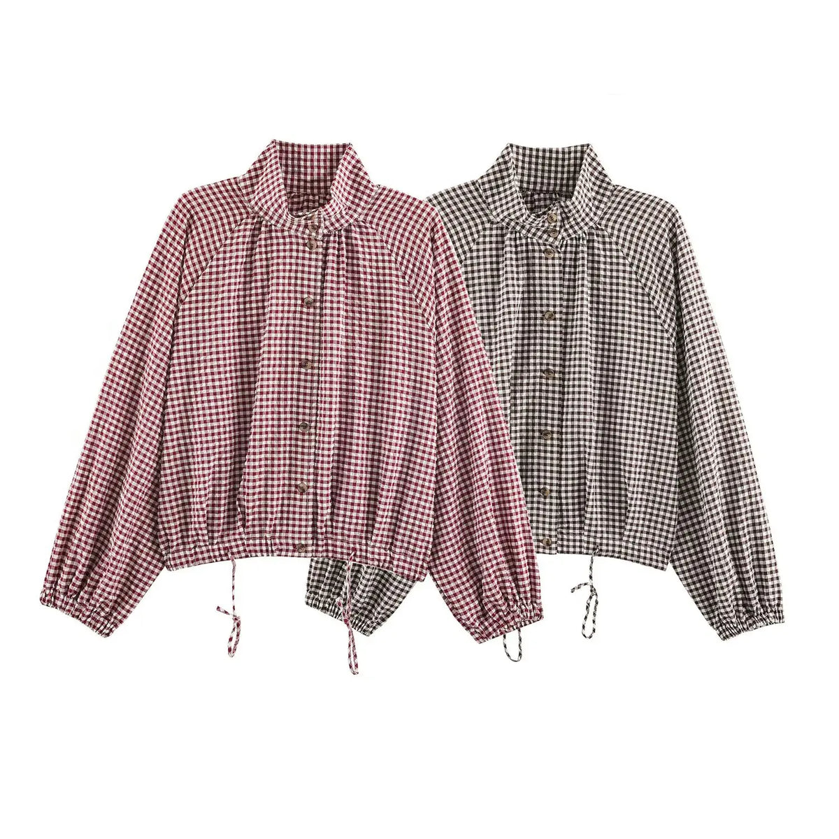 Women's Plaid Jacket, Vintage Gingham Check Coat, Stand Collar Long Sleeve Button Up Outerwear, Loose Casual Autumn Windbreaker