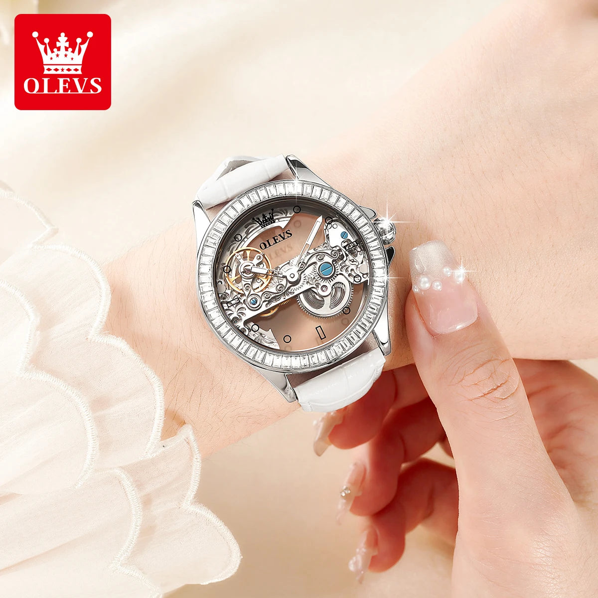 OLEVS Couple Watches Original Fully Transparent Skeleton Automatic Mechanical Watches For Men Women Lover's Gift Luxury Watches
