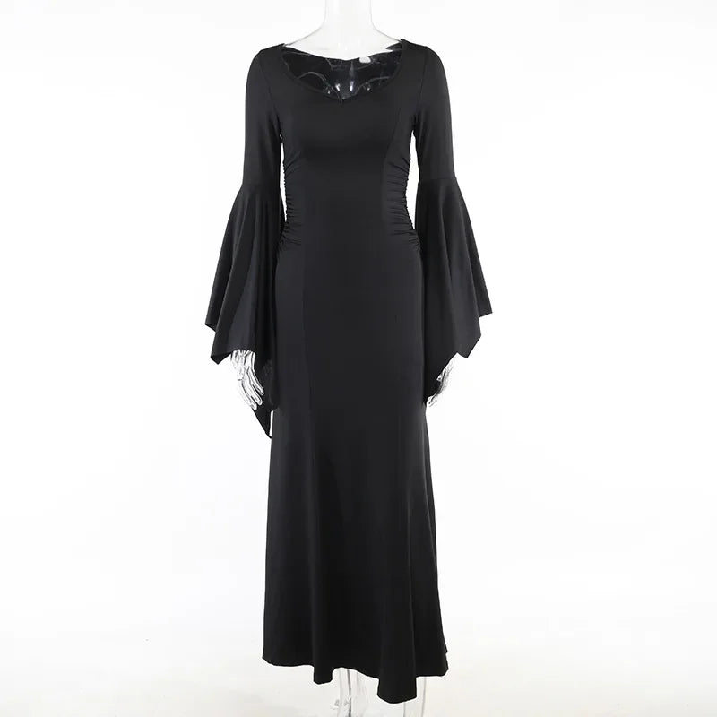 Halloween Costume Women Batwing Sleeve Floor Dress Black Gothic Evil Terror Maxi Mistress Morticia Addam Family Outfit For Adult